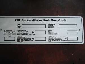Typenschild ID Plate Schild IFA VEB Barkas Karl Marx  