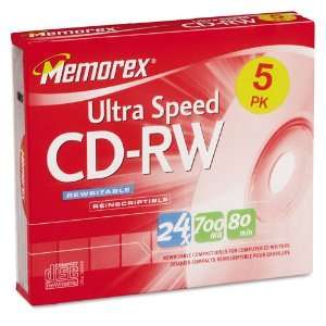  Memorex® CD RW Discs, 700MB/80min, 24x, with Slim Jewel Case 