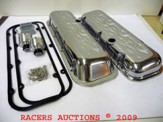 BBC 454 CHEVY POLISHED ALUMINUM VALVE COVERS KIT FLAME  