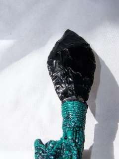 Aztec Art~Flint knapped Black Obsidian dagger w/ malachite Eagle 