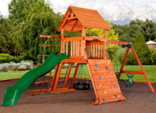 New Giant Cedar Wood Kids Swing Set Playground Slide Play Rock Wall 