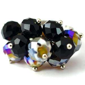 d8178 Black Wedding Cluster Crystal Gems Beads Adjustable Ring Fashion 