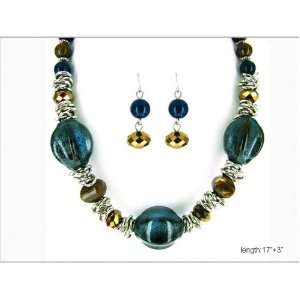  Chunky Art Deco Silver Tone Necklace and Earrings with 