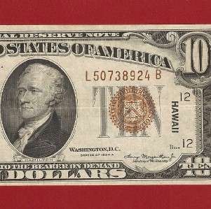 US CURRENCY 1934A HAWAII $10, WORLD WAR II EMERGENCY, EXTRA FINE Old 