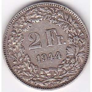  1944 Switzerland 2 Franc Silver Coin   Silver Content 83,5 