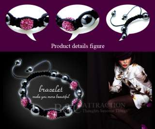 10mm Macrame PINK Bracelet by Swarovski Crystal Disco Ball Charm Beads