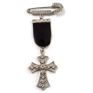    Medal Style Diamante Cross Charm Brooch (Silver Tone) Jewelry
