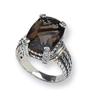  11 CT Smoky Quartz and Diamond Ring Size 6/Sterling Silver 