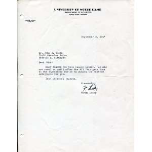  Frank Leahy Autographed University of Notre Dame Letter 
