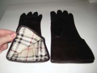 BURBERRY Brown Leather Gloves Nova Check Cuff Lining 7  