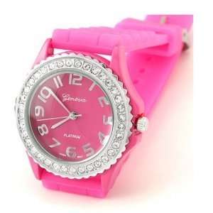  HOT Pink Geneva Crystal Accented Silicone Watch 