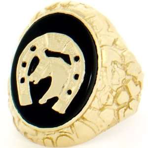    14k Gold Nugget Onyx Lucky Horseshoe Large Mens Ring Jewelry