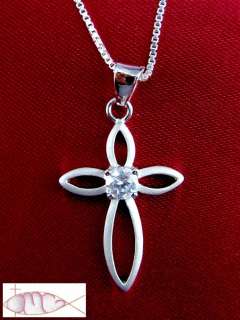 Sterling Silver Satin Open Cross Pendant w/4mm Clear Cz & Chain Choice 