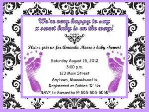 Girl Purple Feet Damask Baby Shower Invitations  