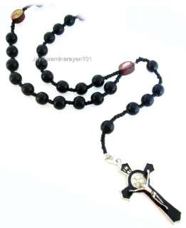 Black Glass Beaded Rosary Cross 28 Long Mens Necklace  
