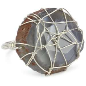 Vanessa Mooney Grey Blue Brazilian Agate Silver Wire Wrapped Ring 
