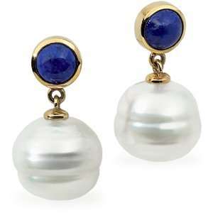   06.00 Mm South Sea Cultured Pearl Genunine Lapis Earrings Jewelry