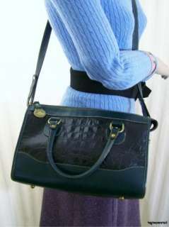 BRAHMIN Navy Blue Green Leather Satchel Bag Purse Handbag Moc Croc 