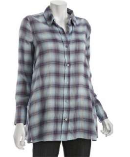 style #307685501 light blue cotton plaid Merries button front blouse
