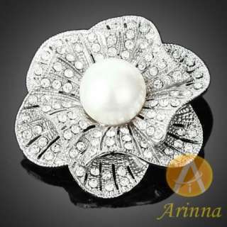 ARINNA chic flower pearl rhinestone fashion Brooch Pin 18K WGP 