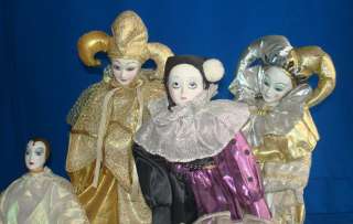 Contemporary Porcelain Bisque Harlequin Jester Dolls Closeup View
