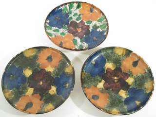 Set of 3 Mexican Art Pottery Plates w/ Drip Flower Pattern Oaxaca 