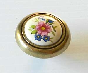 Antique Brass and Almond Flowers Porcelain Center Cabinet Knob Pull 