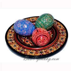  3 Wooden Eggs on a Plate, Hand Painted Ukrainian Eggs 