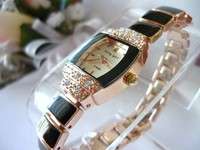 Ladies Rose Goldtone & Rhinestone Black Bracelet Watch  