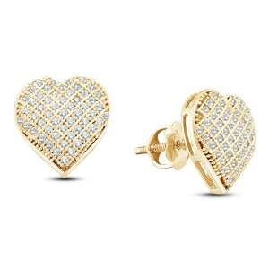 10K Yellow Gold Micro Pave Set Round Diamond Heart Stud Earrings with 