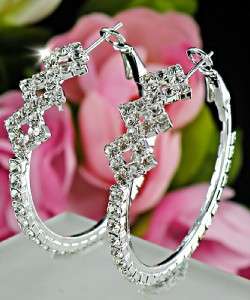 Trendy with Clear Swarovski Crystals Silver Hoop Earrings E477  