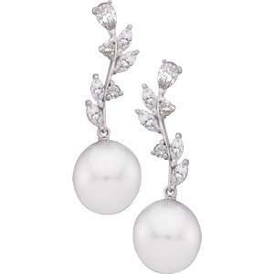   Round South Sea Cutlured Pearl & Diamond Earrings In 18K Palladium