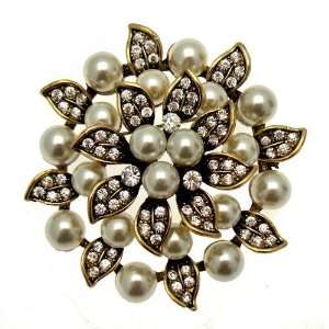   Faux Pearl & Crystal Bridal Corsage Flower Brooch (Antique Gold Tone